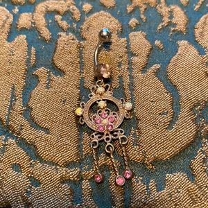 Pink Flower Ornate Belly Button Ring